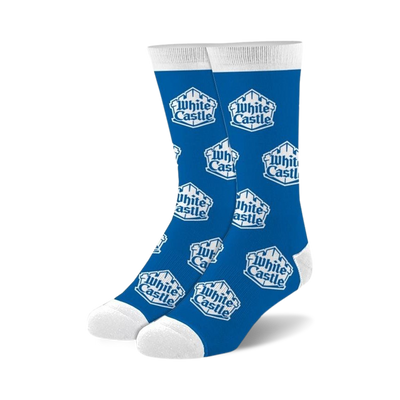 A pair of blue crew socks with a repeated White Castle logo pattern. The logo is white and the socks have white cuffs.