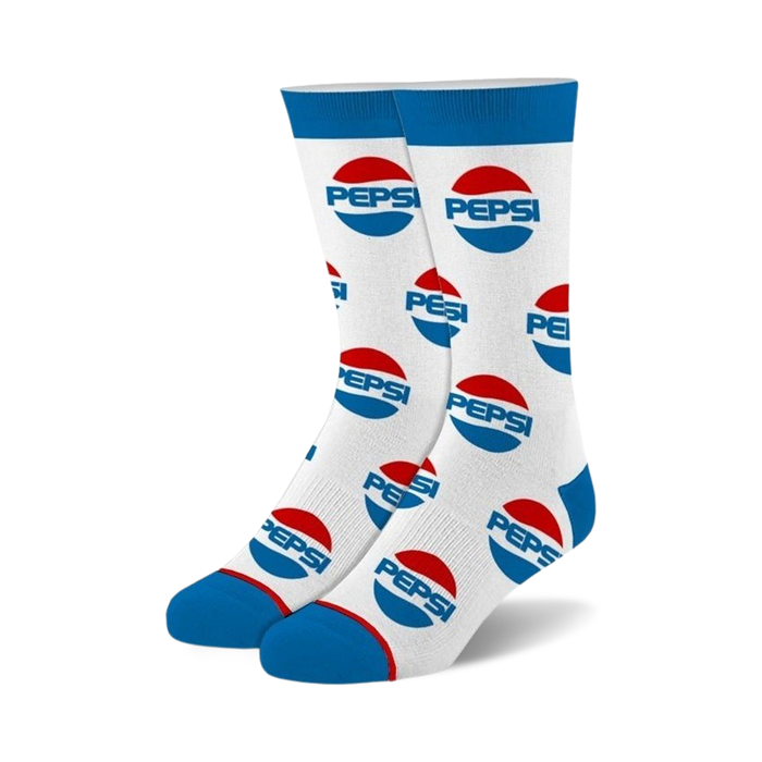 blue, white and red pepsi logo patterned crew socks for men and women.   }}