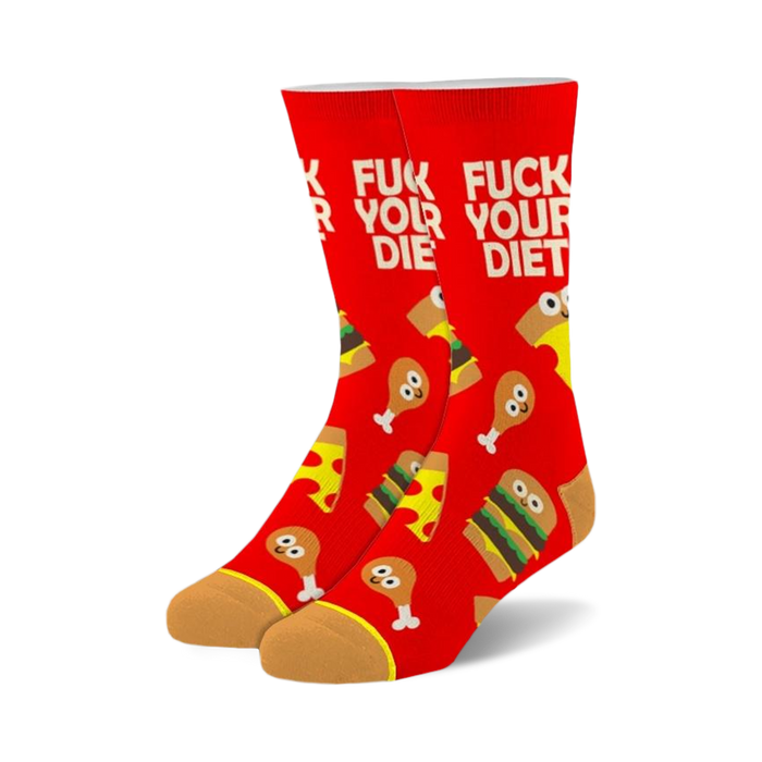 Pair of red crew socks with 'Fuck Your Diet' slogan and cartoon pizza, burger, and fried chicken illustrations. }}