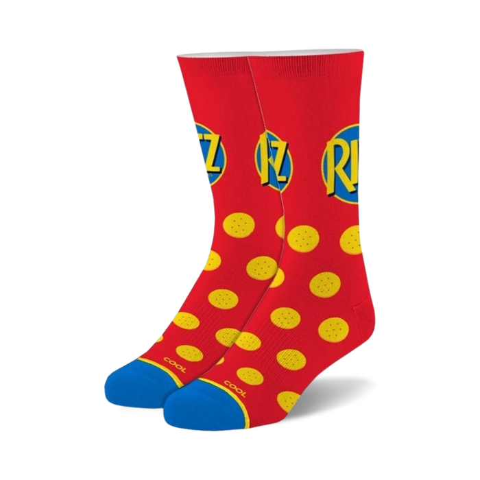 crew length red socks with yellow polka dots, blue heel, and toe. fun food and drink themed socks. comes in men and women's sizes.    }}