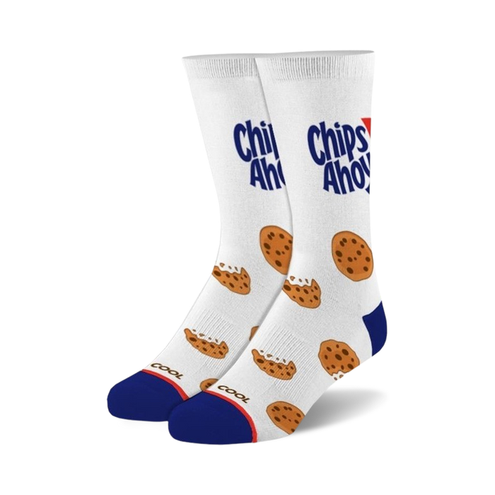 white crew socks with chocolate chip cookie design. suitable for both men and women.    }}