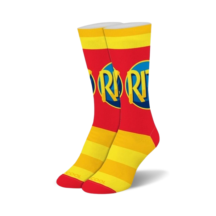 Pair of crew socks in red and yellow featuring a repeating Ritz cracker logo. Yellow horizontal stripes at the cuff and sole. }}