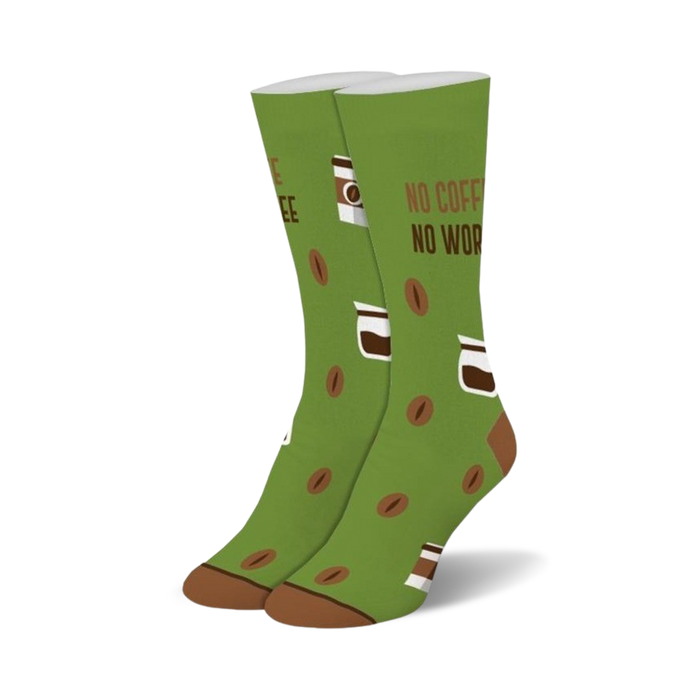 green crew socks made for women featuring a pattern of coffee beans and text that says 'no coffee no workee'.   }}