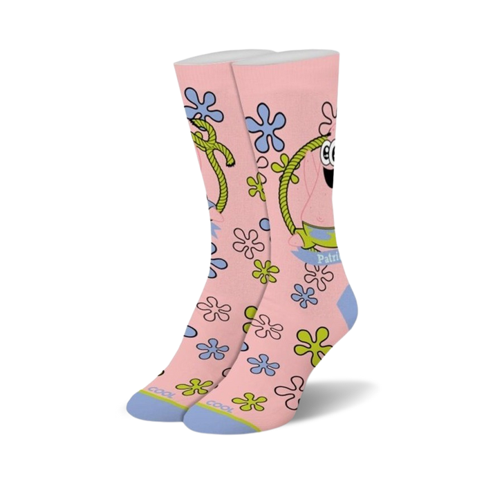 Crew socks featuring a pink background, Baby Patrick Star design, light blue and lime green starfish, and a yellow rope. }}