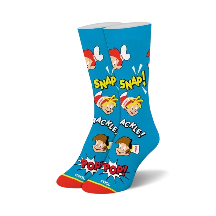 A pair of blue crew socks with Snap, Crackle, and Pop cereal mascots. Red, yellow and brown accents. Comic style design. }}