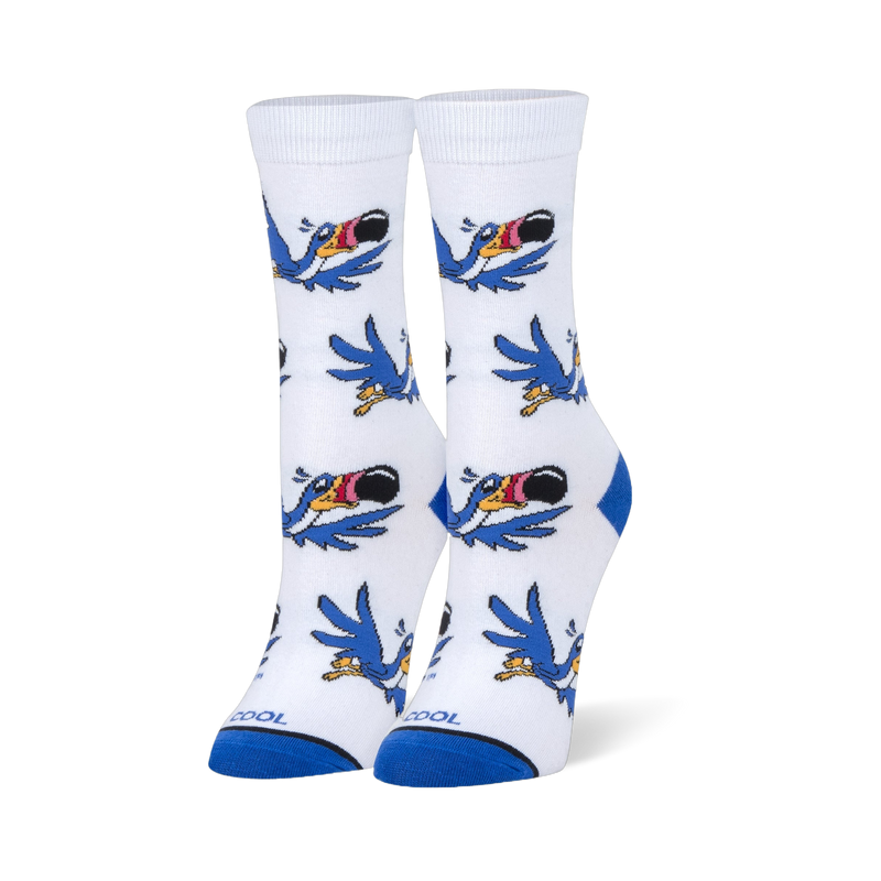 White crew socks featuring a flying cartoon blue bird pattern with a large striped beak, plus solid blue heels and toes.