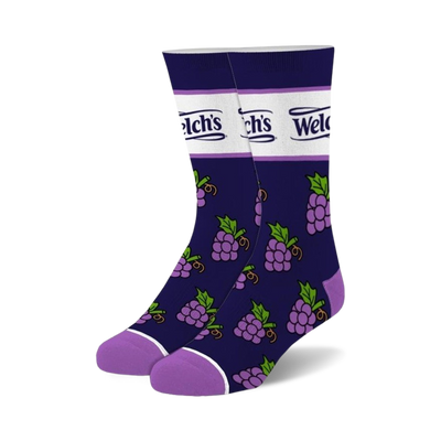 Pair of navy crew socks with purple grapes and a Welch's logo. Purple cuff and white stripe detail.