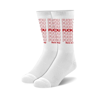 Pair of white crew socks with a repeating red 'Fuck You' print.  Bold and slightly edgy.