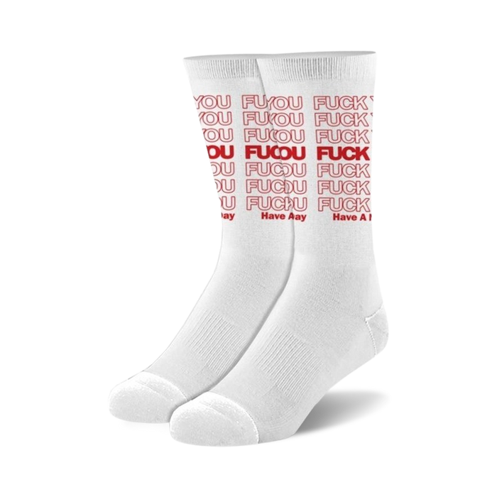 Pair of white crew socks with a repeating red 'Fuck You' print.  Bold and slightly edgy. }}