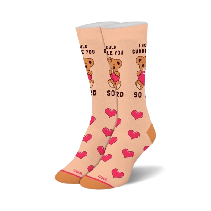 Cream-colored crew socks with pink hearts and brown bears hugging hearts. Text says 'I would cuddle you so hard'. }}