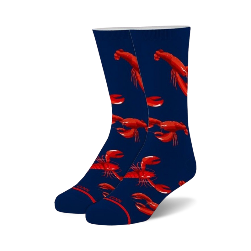 Pair of navy blue crew socks with a fun all-over print of red lobsters.
