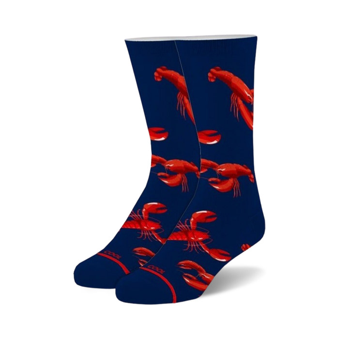 Pair of navy blue crew socks with a fun all-over print of red lobsters. }}