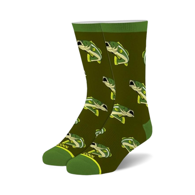 A pair of crew socks in olive green with a repeating pattern of illustrated yellow and green bass fish.