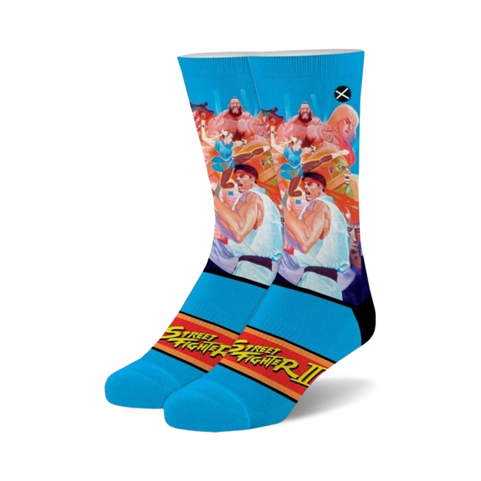 Crew socks in blue, red, and white, featuring Street Fighter II characters like Ryu and Blanka. }}
