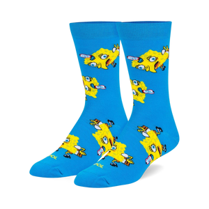 Pair of crew socks in bright blue featuring a repeating pattern of Spongebob Squarepants in a meme-inspired pose. Yellow and blue design.