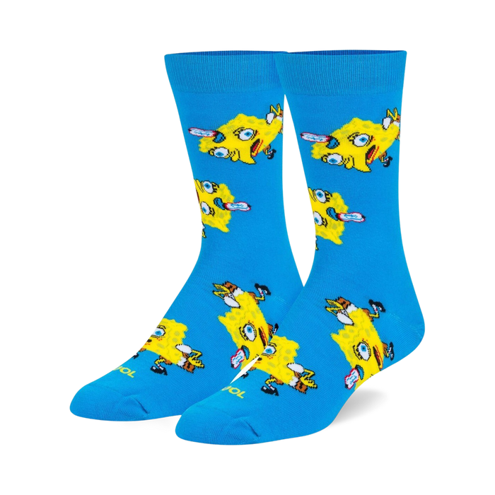 Pair of crew socks in bright blue featuring a repeating pattern of Spongebob Squarepants in a meme-inspired pose. Yellow and blue design.