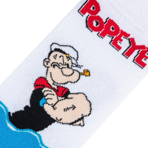 Close-up detail shot of the Popeye illustration on the sock's upper portion