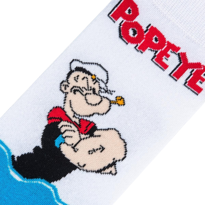 Close-up detail shot of the Popeye illustration on the sock's upper portion
