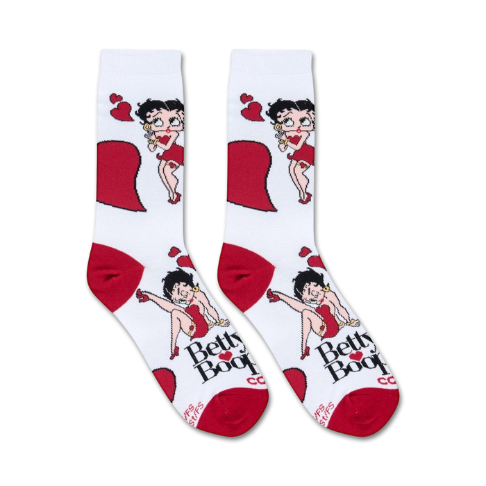 Close-up view of Betty Boop socks showcasing the design details, including Betty Boop in various poses and red hearts.