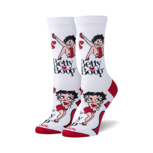 Pair of women's crew socks. White background with red accents. Betty Boop images and 'Betty Boop' text are featured.