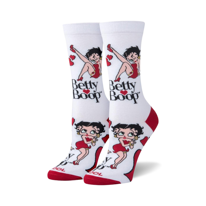 Pair of women's crew socks. White background with red accents. Betty Boop images and 'Betty Boop' text are featured.