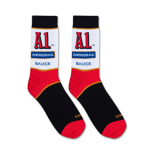 Flatlay product shot of a pair of A1 Steak Sauce crew socks on a white background.