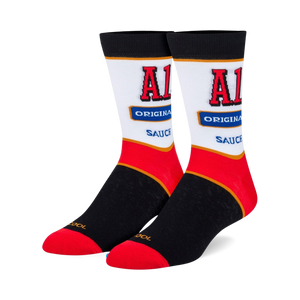 Pair of crew socks featuring the A1 Steak Sauce logo.  The socks are mainly black, white, and red, with the A1 logo prominently displayed.