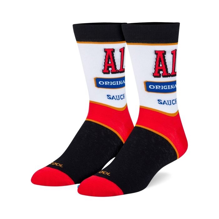 Pair of crew socks featuring the A1 Steak Sauce logo.  The socks are mainly black, white, and red, with the A1 logo prominently displayed.