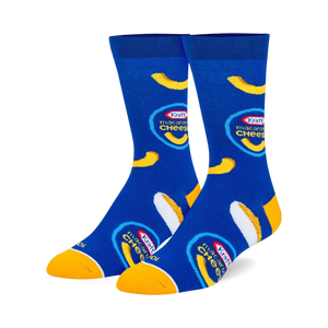 Pair of blue crew socks with the Kraft Mac & Cheese logo and macaroni graphics. Yellow and white accents.