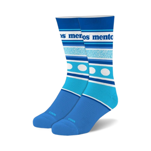 Pair of Mentos Stripes crew socks in teal and blue.  Features horizontal stripes, white polka dots, and the Mentos logo.