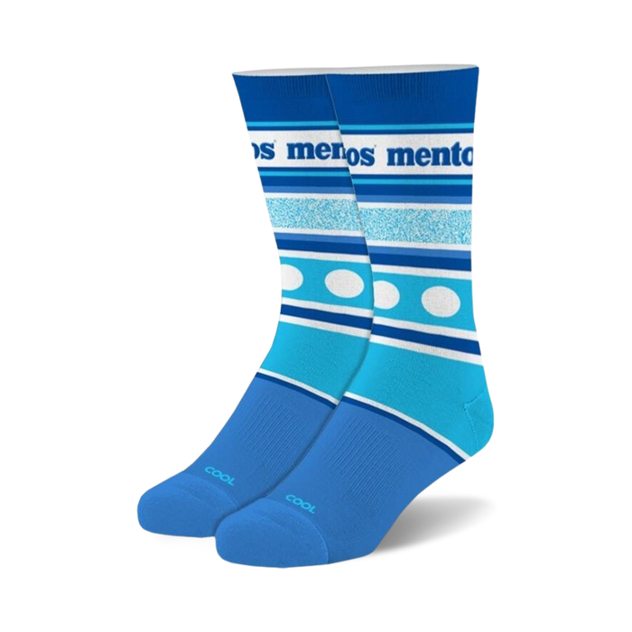 Pair of Mentos Stripes crew socks in teal and blue.  Features horizontal stripes, white polka dots, and the Mentos logo.