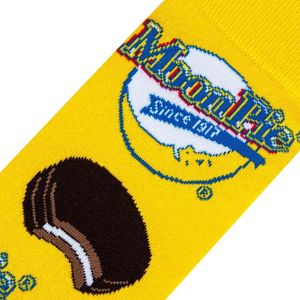 Close-up detail shot of the MoonPie sock fabric, showcasing the logo and cookie details.