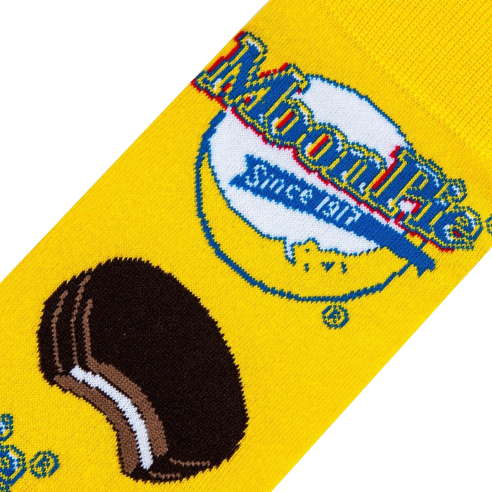 Close-up detail shot of the MoonPie sock fabric, showcasing the logo and cookie details.