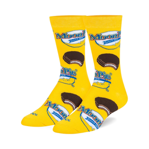 Pair of yellow crew socks with a MoonPie design. Features the MoonPie logo and images of the iconic chocolate-covered marshmallow sandwich cookie.