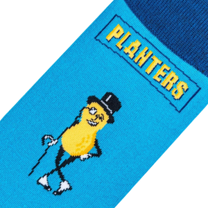 Close-up detail shot of a Planters Mr. Peanut sock, highlighting the character and logo.