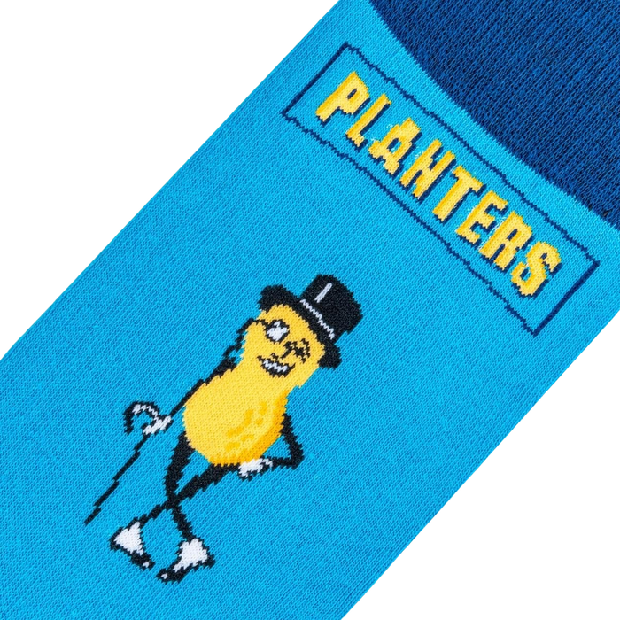Close-up detail shot of a Planters Mr. Peanut sock, highlighting the character and logo.