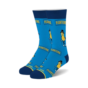 Pair of blue crew socks with the Planters Mr. Peanut character and logo.
