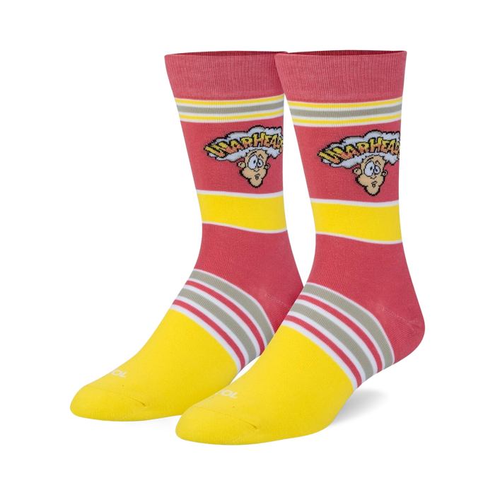 Pair of crew socks in pink and yellow with horizontal stripes and the Warheads candy logo.