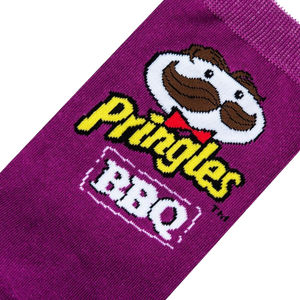Close-up detail shot of the Pringles BBQ mascot on a purple sock.
