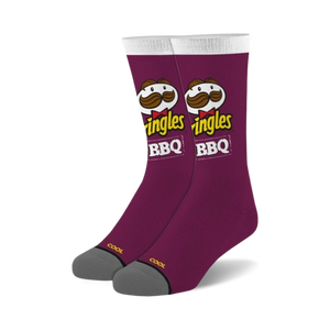 Pair of purple crew socks with Pringles BBQ logo and mascot design.  Features a grey and yellow heel and toe.