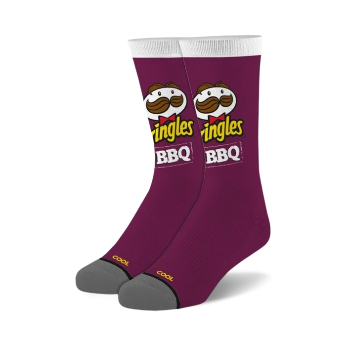 Pair of purple crew socks with Pringles BBQ logo and mascot design.  Features a grey and yellow heel and toe.