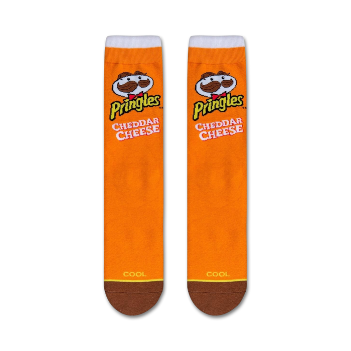 Flatlay showcasing two Pringles Cheddar Cheese socks. Shows full sock design.