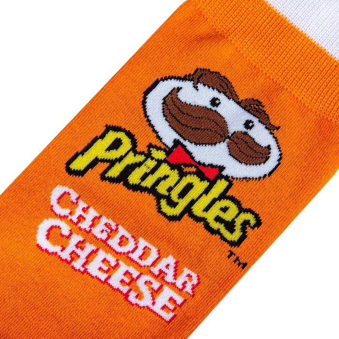 Close-up detail shot of the Pringles Cheddar Cheese logo and Mr. Pringle's face on the sock.