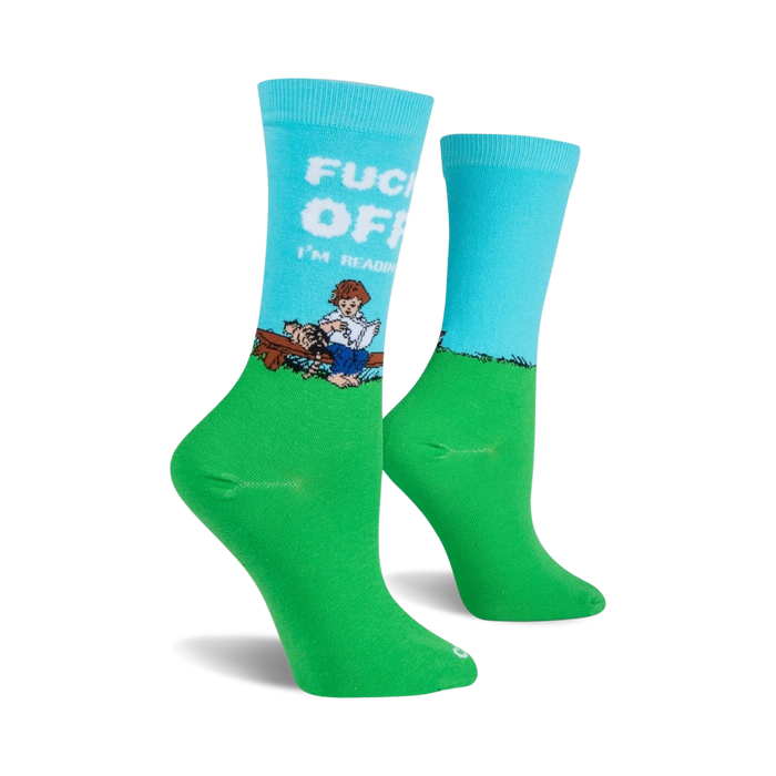 Lifestyle shot of the 'I'm Reading' socks on a person's feet.