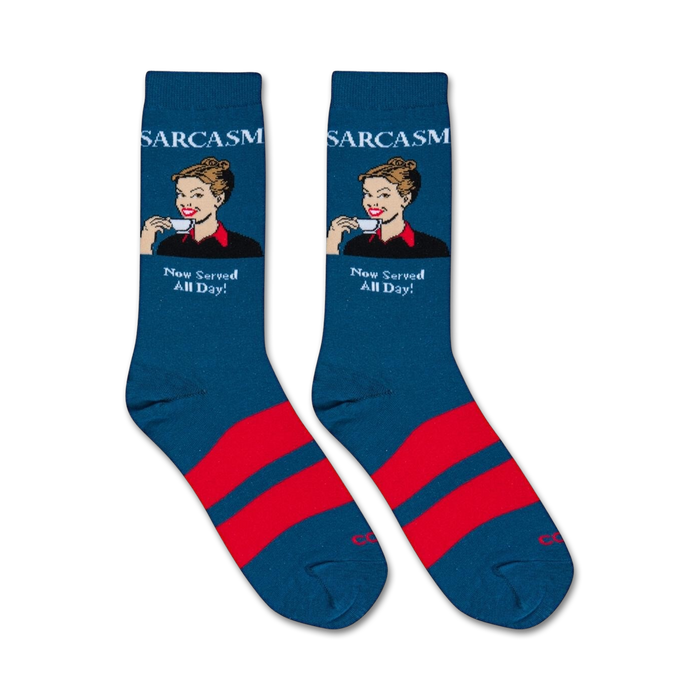 Flatlay product shot of two 'Sarcasm' socks, showcasing the teal and red design and the full text.