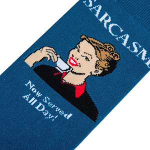Close-up detail shot of the 'Sarcasm' socks, focusing on the retro illustration and text: 'Now Served All Day!'