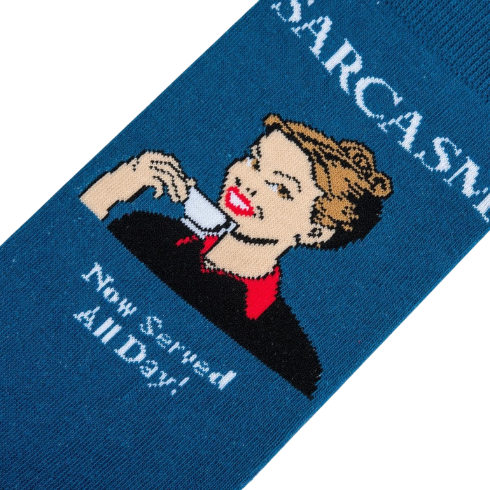 Close-up detail shot of the 'Sarcasm' socks, focusing on the retro illustration and text: 'Now Served All Day!'