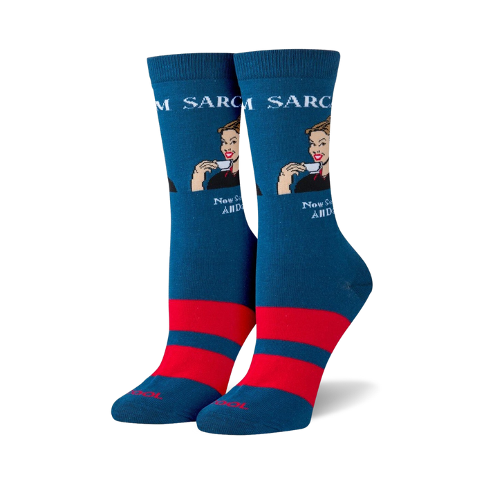 Pair of teal crew socks with red stripes and a retro-style illustration of a woman sipping tea. The text 'Sarcasm' and 'Now Served All Day!' is featured on the socks.