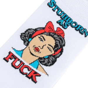 Close-up detail shot of the 'Stubborn as Fuck' graphic on the socks.