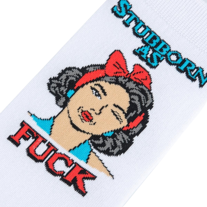 Close-up detail shot of the 'Stubborn as Fuck' graphic on the socks.